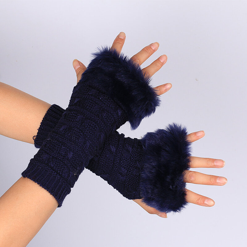 ถุงมือขนสัตว์เทียมแบบถักสำหรับผู้หญิง, ถุงมือครึ่งนิ้วนุ่มฟูเซ็กซี่ถุงมือครึ่งนิ้วข้อมือ