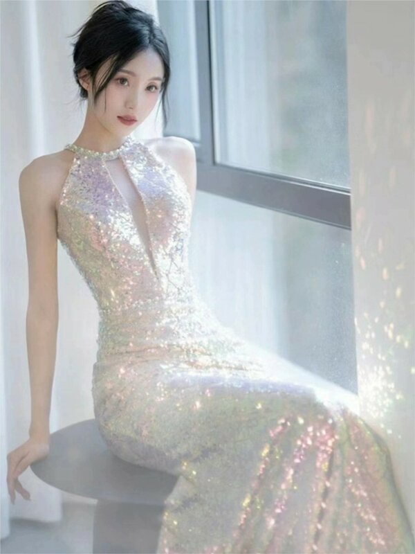 Официальное Платье для помолвки, роскошное потрясающее элегантное платье с блестками и лямкой на шее