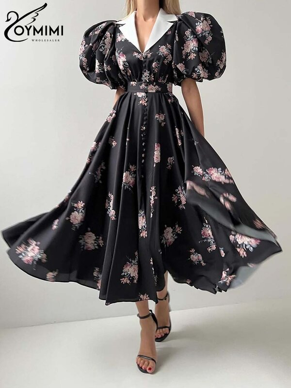 Oymimi Elegant Black Print Womens Dress Fashion Lapel Short Sleeve Single Breasted Dresses Casual Lace-Up Pleated Mid-Calf Dress