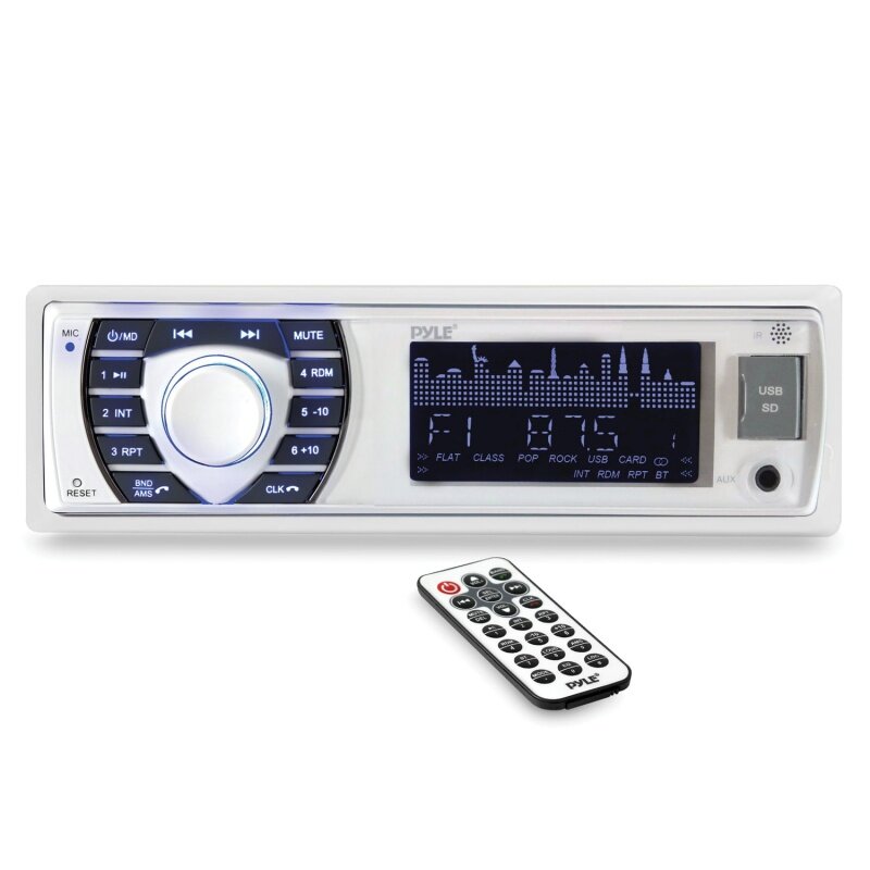 Pyle PLRMR23BTW-Récepteur Stéréo Bluetooth Marin Simple DIN avec Télécommande, Blanc