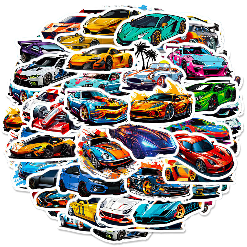 Cool Racing Car Cartoon Stickers Pack, Anime Varied Stickers Pack para crianças, Bagagem de viagem, Scrapbooking, Decoração de parede, Decalques Graffiti, 10 Pcs, 50Pcs