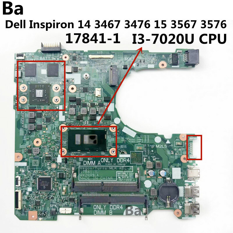 Dell, Inspiron 14, 3467, 3476,3567,15,3576, 17841-1用マザーボード,CPU I3-7020U,2GB,GPU, DDR4
