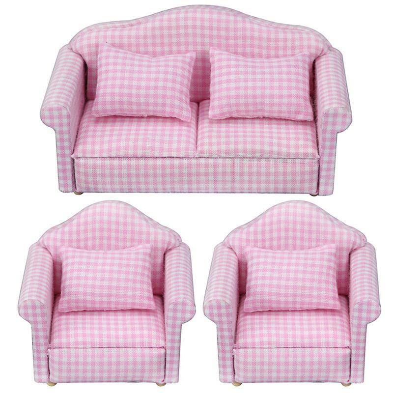 Dollhouse Small Floral Fabric Sofa Set Miniature Striped Furniture Sofa With Pillow For Dollhouse Kids Pretend Play DIY Decor