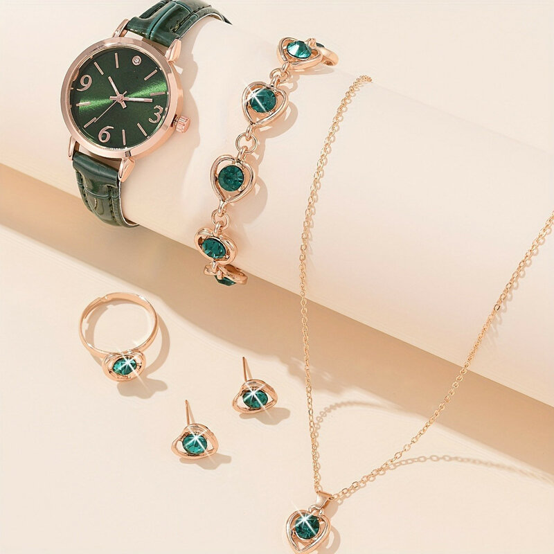 Kegllect 6 buah jam tangan wanita, Set hadiah tahan air hijau mewah perhiasan bulat Diaol gaya wanita hadiah ulang tahun tanpa kotak