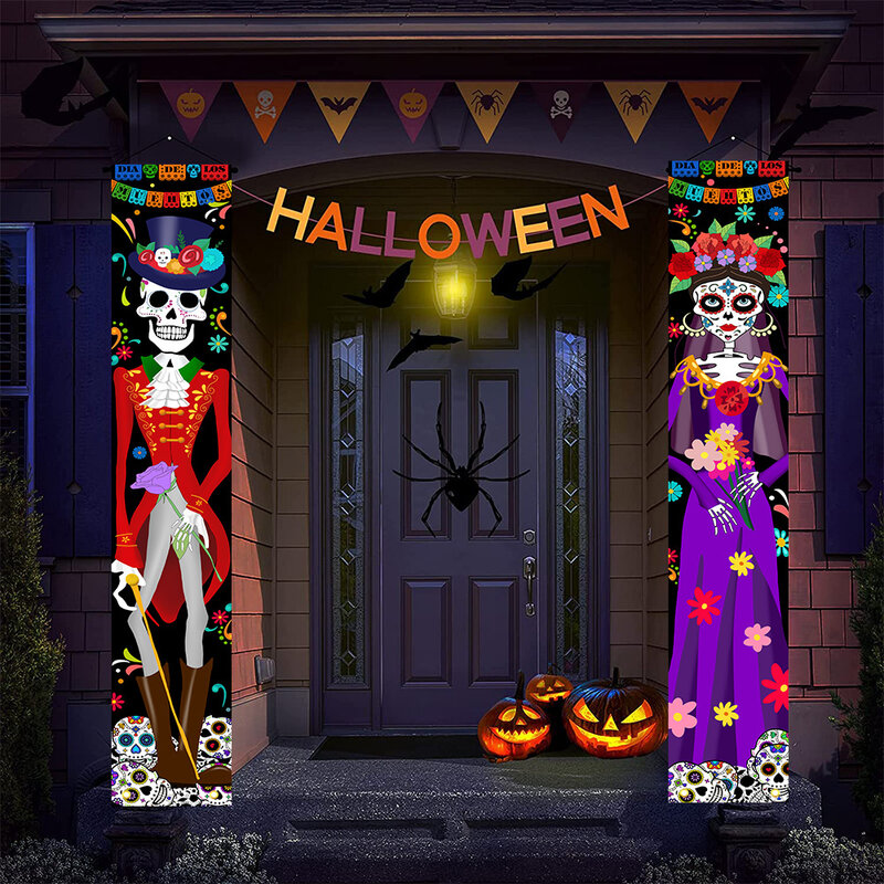 Perlengkapan pesta luar ruangan alat peraga pasangan kerangka dekorasi Halloween perangkai tanda teras dekorasi bendera mati baru