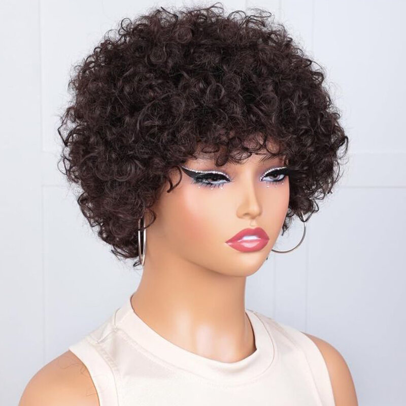 Pelucas de cabello humano rizado con flequillo para mujer, pelo corto Afro rizado de Malasia sin pegamento, Remy, Marrón Natural