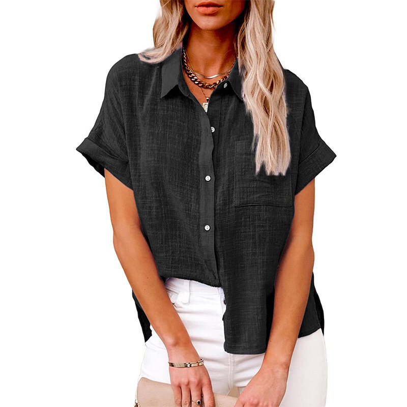 Повседневная футболка, лето 2023, женские хлопковые льняные винтажные рубашки с коротким рукавом, Офисная Женская модная однотонная блузка с воротником на пуговицах
