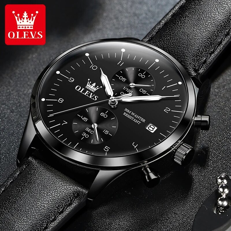 OLEVS-Relógio de quartzo de couro impermeável masculino, marca top, cronógrafo de luxo, data luminosa, moda