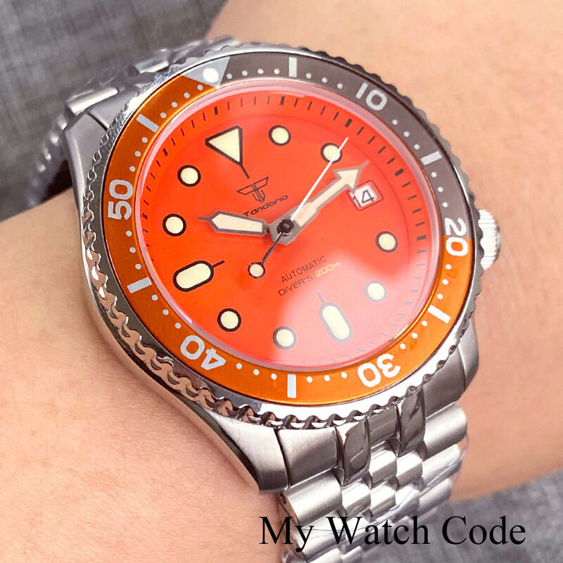 Tandorio-reloj automático de buceo para hombre, pulsera de acero de lujo, color naranja, 200m, NH35A, Movt Crown at 3,8, SKX