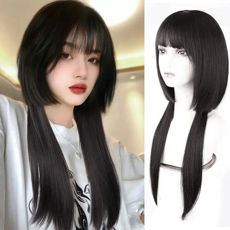 Synthetic Princess Cut Bangs Natural Look Long Wig With Bangs 24 Inch Long Heat-Resistant Drak Brown Wig For Women