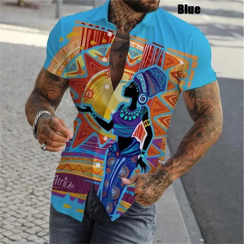 3D 아프리카 셔츠 남성용, 다목적 반팔 셔츠, 슬림핏 단추 캐주얼 셔츠, 편안한 상의, 여름 신상 패션