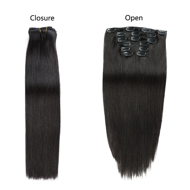 Straight Clip in Hair Extensions Real Human Hair Double Weft Seamless Clip ins Black Color 1# For Women 22-24 Inch 100g/Set