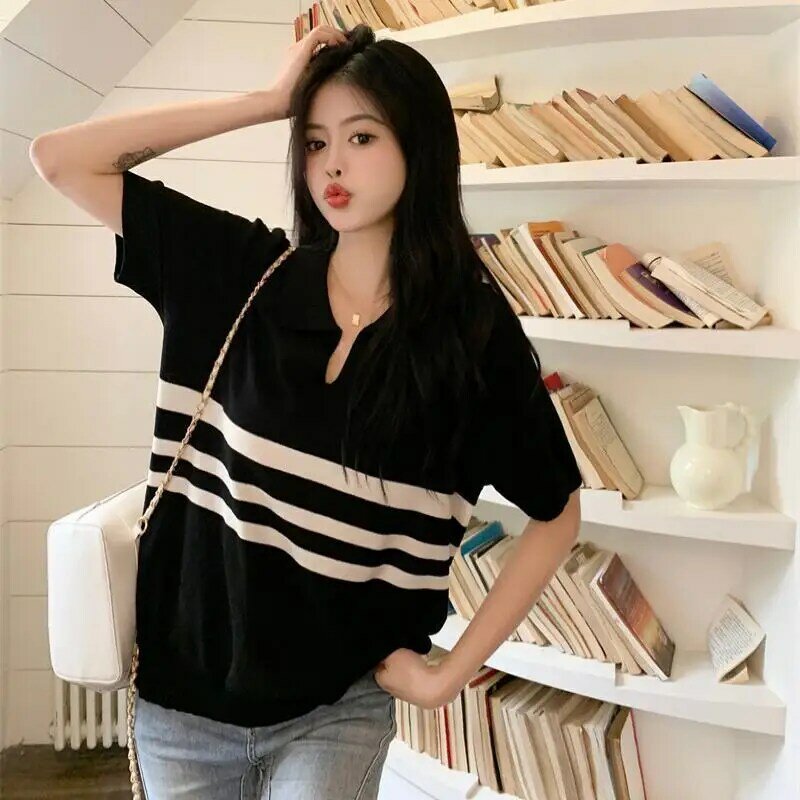 Fashion Lapel Casual Short Sleeve Knitted Striped Blouses Female Clothing 2024 Summer New Loose All-match Tops Sweet Shirts