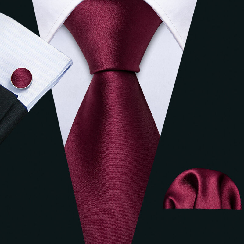 Set di gemelli quadrati da taschino da uomo in seta solida bordeaux Set cravatta liscia tinta unita per la festa d'affari di nozze maschile Barry.Wang
