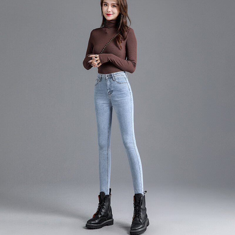سروال جينز رفيع ضيق عالي الخصر بتصميم جديد لعام 2022 للنساء