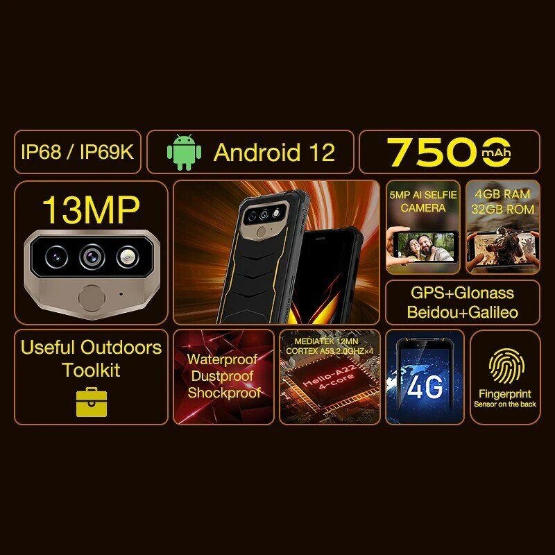 HOTWAV-teléfono inteligente T5 Pro 4G resistente, Android 12 OS, MTK6761, pantalla de 6,0 pulgadas, 4GB, 32GB, 7500mAh, batería masiva, Cámara principal de 13MP, 2022