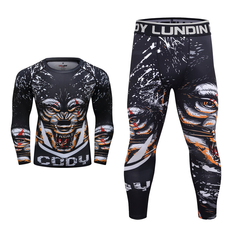Chie Lundin-Pantalones largos elásticos de LICRA para hombre, Conjunto de camiseta y pantalones cortos, mallas masculinas geniales, MMA, Rash Guard, Jiu Jitsu, chándales