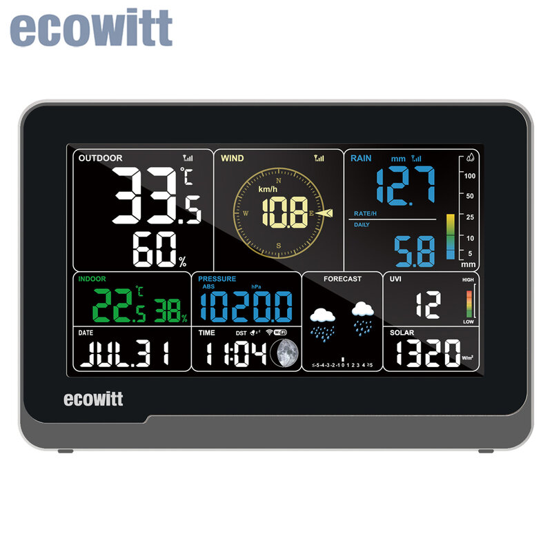 Приемник метеостанции Ecowitt WS3900 Wi-Fi, консоль с цветным ЖК-дисплеем 7,5 дюйма, поддержка устройств IoT WFC01 и AC1100