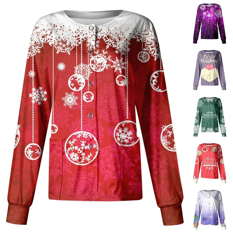Uniforme de travail de Noël pour femme, manches longues, motif, poche en Y, col montant, simple boutonnage, salopette de protection, haut de veste