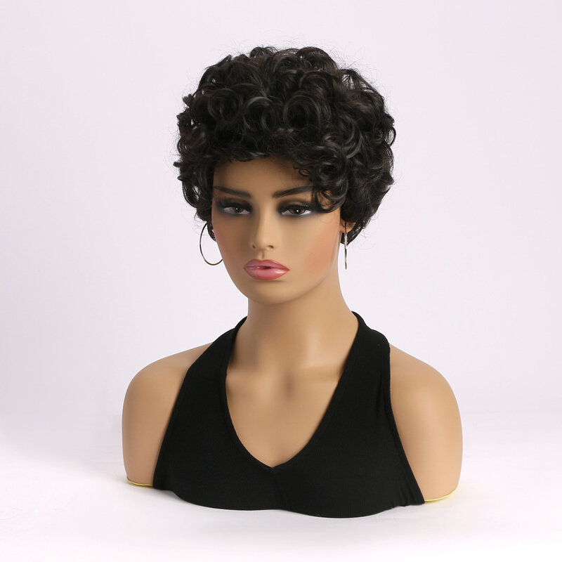 Wig hitam keriting pendek sintetis wig rambut Brazilian Remy untuk wanita Afro Kinky keriting penggunaan sehari-hari rambut palsu
