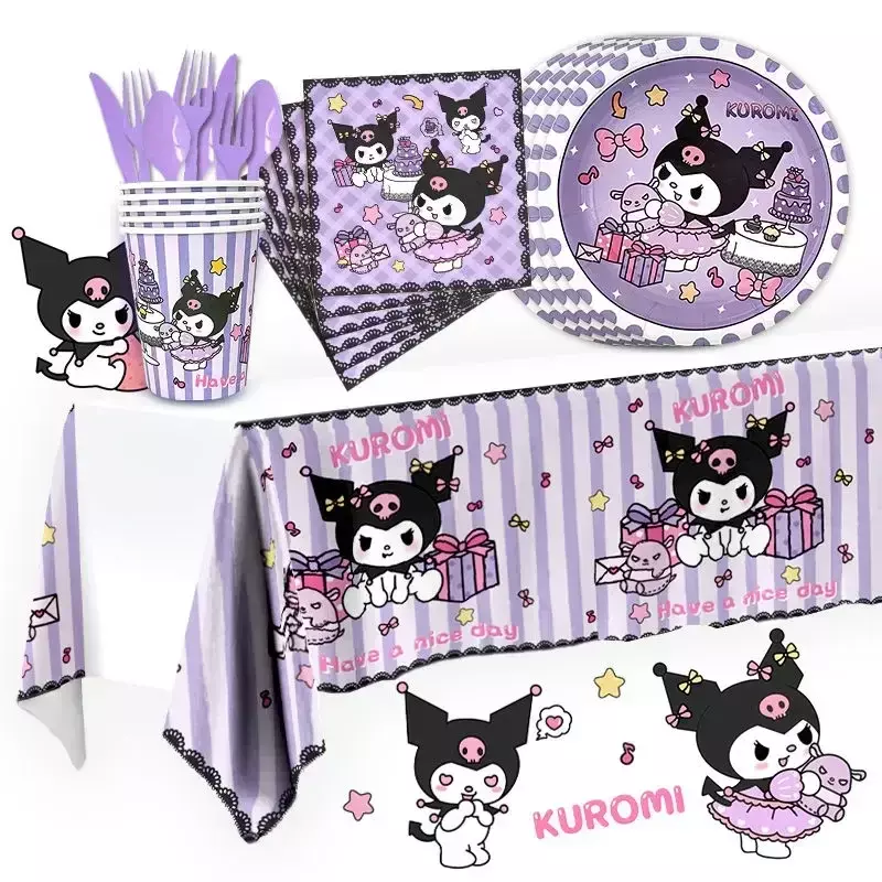 Sanrio Kuromi-manteles desechables con temática Kawaii para niños y niñas, Decoración de mesa de postre para fiesta de cumpleaños