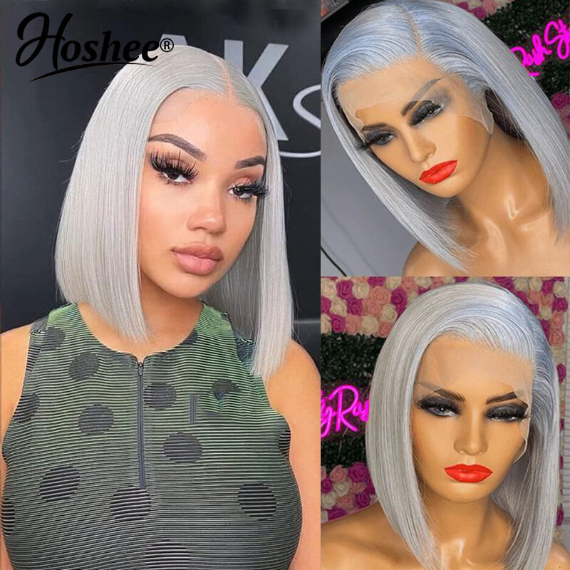 Silver Grey Straight Short Bob Pixie Cut 13X4 HD Transparent Frontal Wigs T Part Lace Human Hair Wig for Women Pre Plucked
