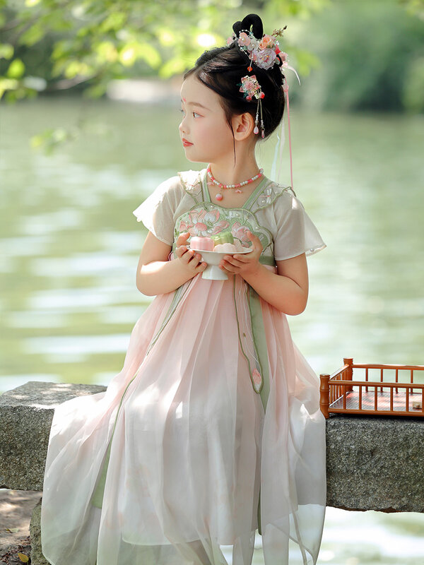 Летняя Новинка 2024 от Hanfu, куртка и платье для девочек, платье с античной вышивкой, высококачественное детское платье для выступлений