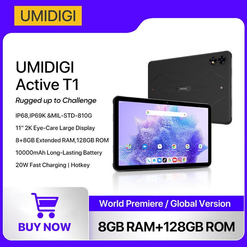 UMIDIGI 액티브 T1 스마트 러기드 태블릿, AI 얼굴 잠금 해제, 11 인치, 2K HD, 안드로이드 13 Unisoc T616, 128GB, 10000mAh 메가 배터리, 월드 프리미어
