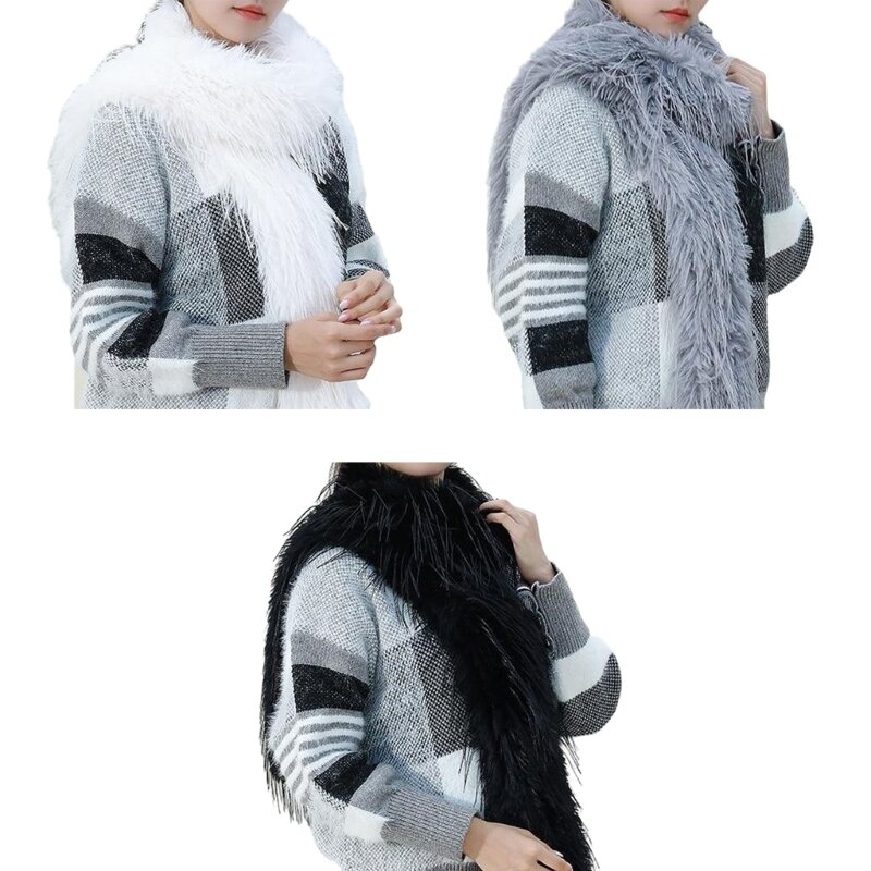 Women Fashion Long Shawl Winter Warm Furry Plush Long Scarf Vintage Solid Color Fuzzy Scarves Neck Warmer for Outdoor
