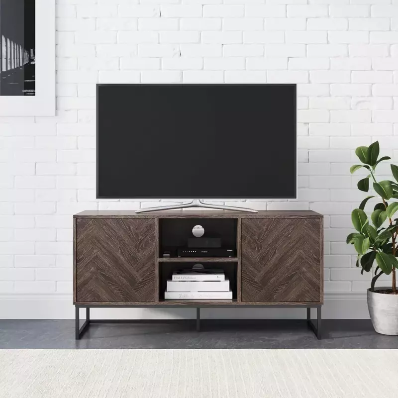 TV Stand Console Cabinet com armazenamento escondido, Herringbone Padrão, madeira, metal, cinza, preto, TV Stands