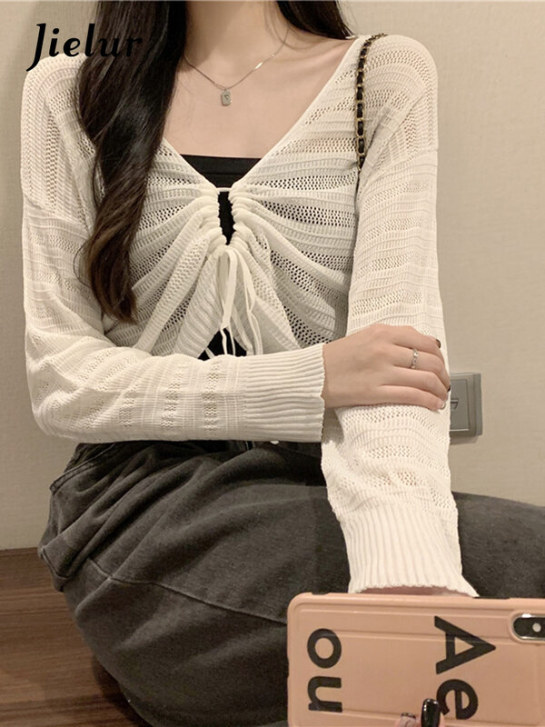 Jielur Autumn New Solid Color Slim Cardigan Woman Sweet Ladies Hollow Out Cardigan Pink White Green Black Knitted Cardigan Women