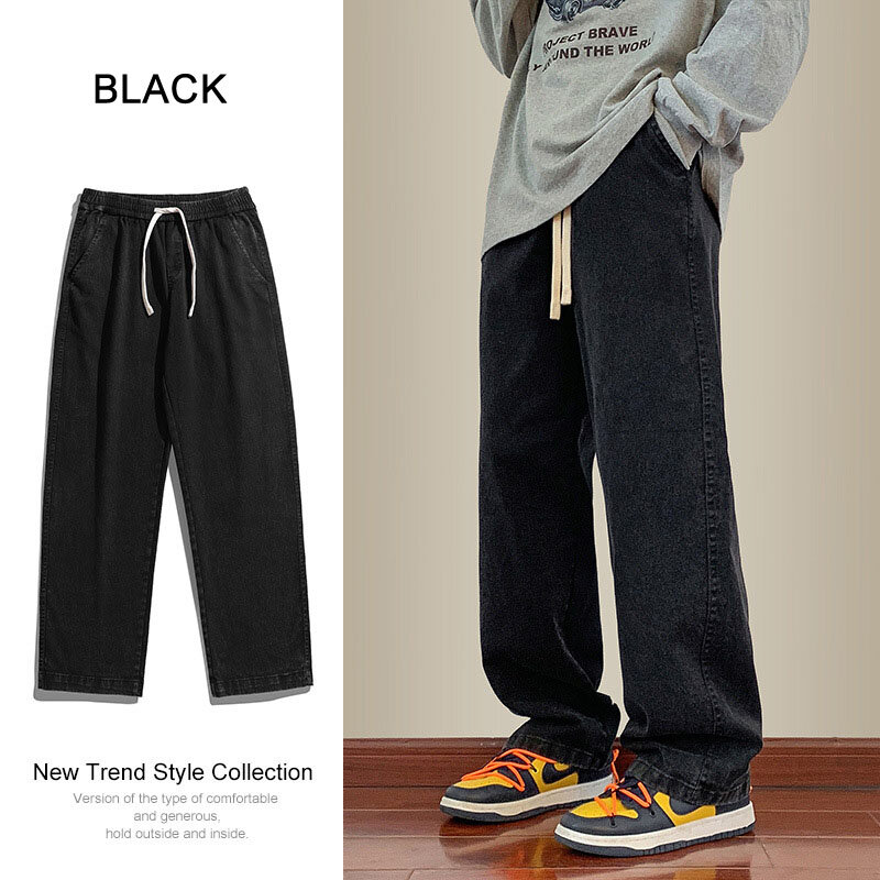 Calça jeans de algodão casual masculina, estilo coreano, cintura elástica, streetwear reto, outono, inverno, my995