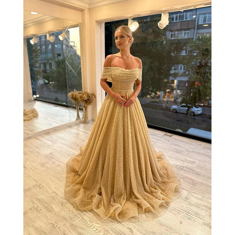 Modest Light Gold Evening Dresses A Line Off Shoulder Glitter Formal Prom Dress Luxury Red Carpet Gown Ruffles Robe De Soiree