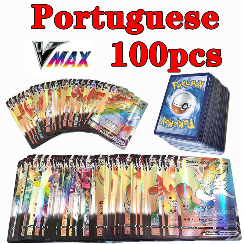 Cartas de Pokemon Portuguesas, GX V Vmax, Charizard, Pikachu, Batalha do Jogo, Negociação, Cartas Brilhantes, 20-100Pcs