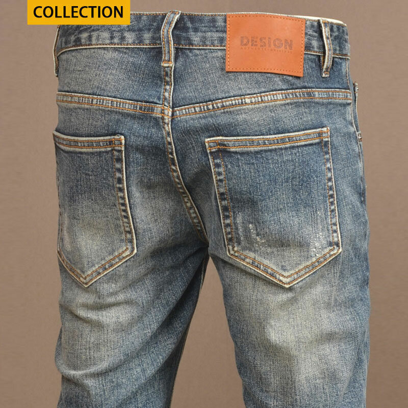 Pantalones vaqueros rasgados elásticos para Hombre, ropa de calle a la moda, Retro, azul lavado, diseño Vintage, informal