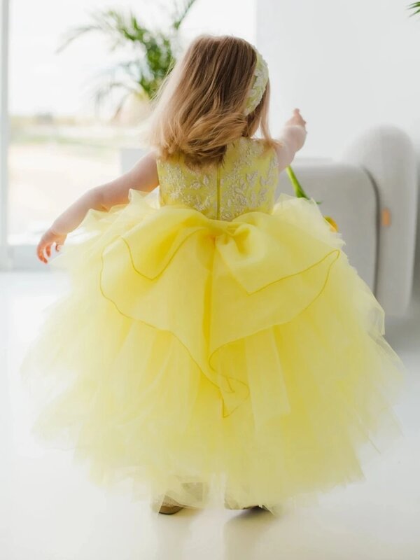 فستان بنات من التل المنتفخ الأصفر ، ملابس مطرزة للأطفال ، أميرة على شكل حرف A ، ثوب بدون أكمام للأطفال ، أول تواصل ، زفاف