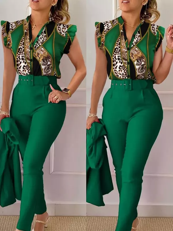 Conjunto de calças e top estampa de leopardo barroco feminino, manga vibrante, verão, conjuntos 2 pcs