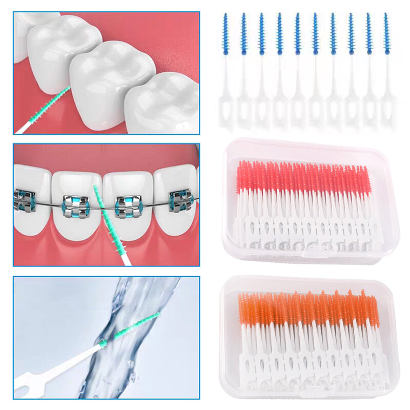 فرشاة بين الأسنان من السيليكون الناعم ، أعواد أسنان مع خيط ، يمكن التخلص منها برأسين ، أدوات تنظيف الفم ، صولجان لكل صندوق