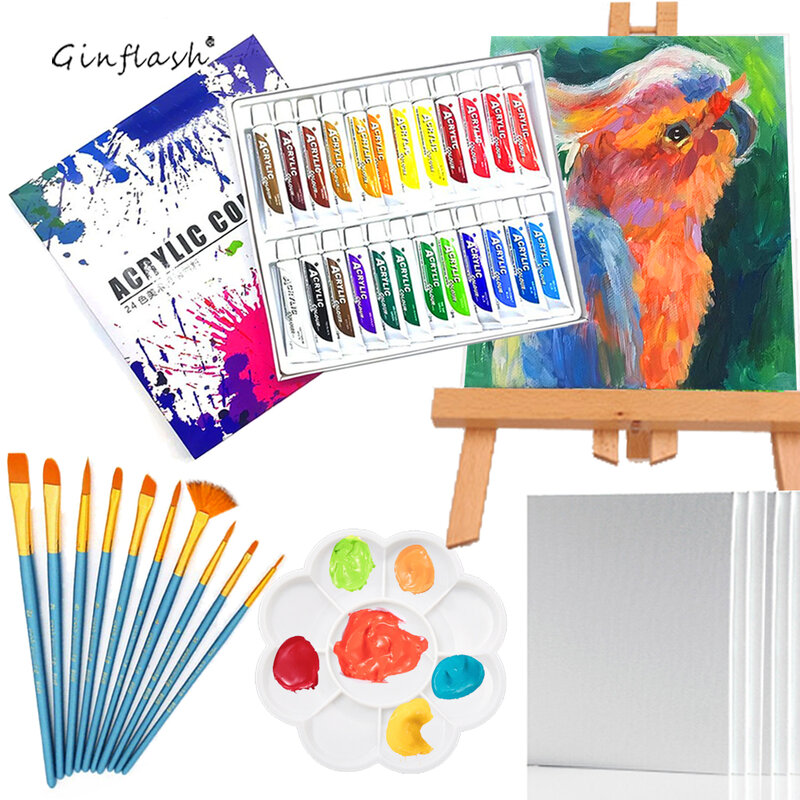 Ginflash 24Colors 12ML /Tube Acrylic Paints Set Wall DIY Art Painting Fabric Drawing Set Waterproof Paint Brush Palette