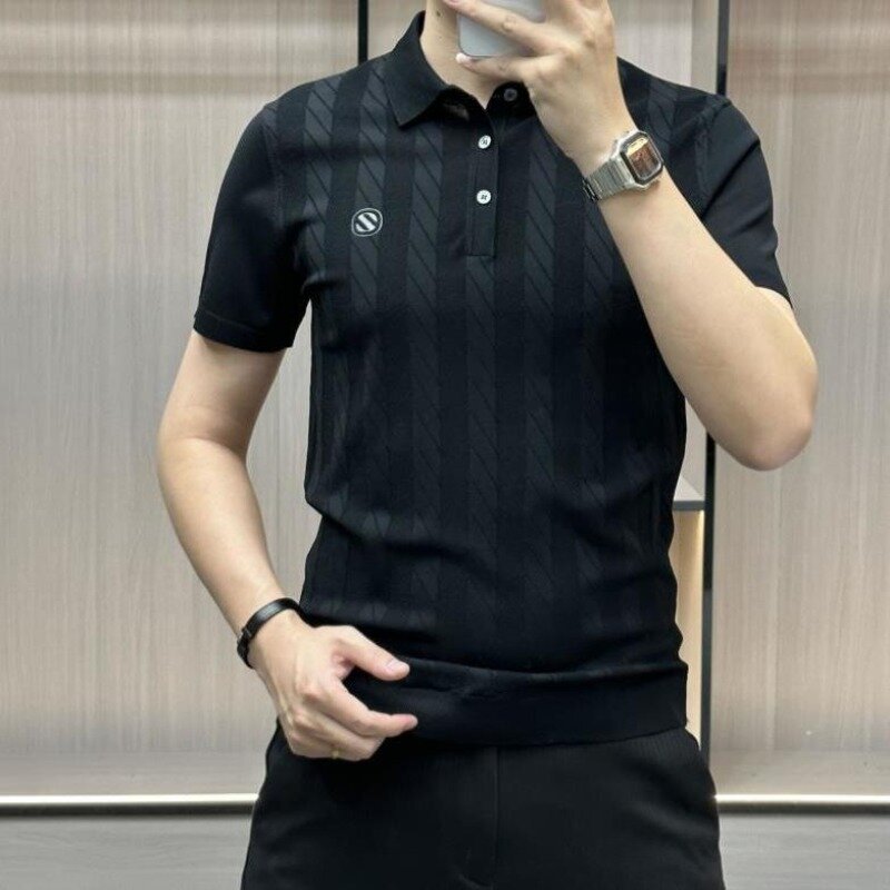 Summer Slim Smart Casual Thin Men's Polo Shirt Solid Printing Stripe Lapel Button Patchwork Elastic Breathable Short Sleeved Top