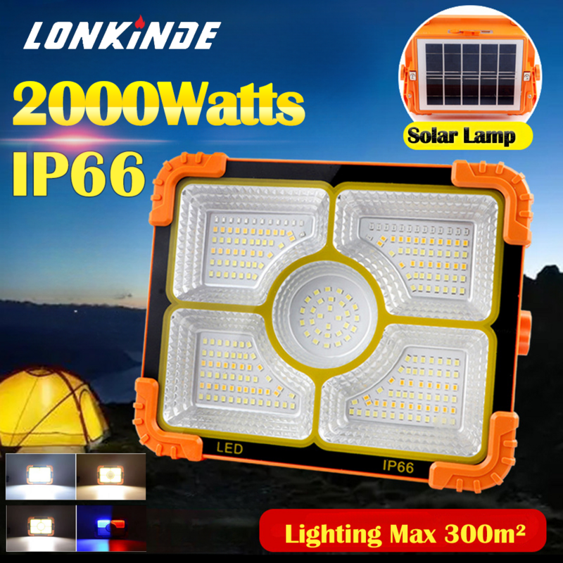Portátil LED Solar Projector, Recarregável, Iluminação de emergência, Camping ao ar livre, Lâmpada portátil, Holofote impermeável, Quente, 2000W, 2022, mais novo