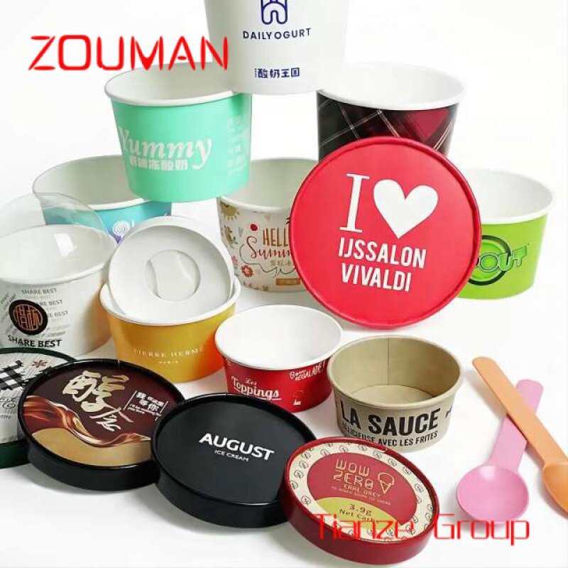Custom , Custom Logo Printed Ice Cup Yogurt Gelato Bowls 3/4/5/8/12/16OZ Disposable Single Wall Paper Cup With Lid And Spoon