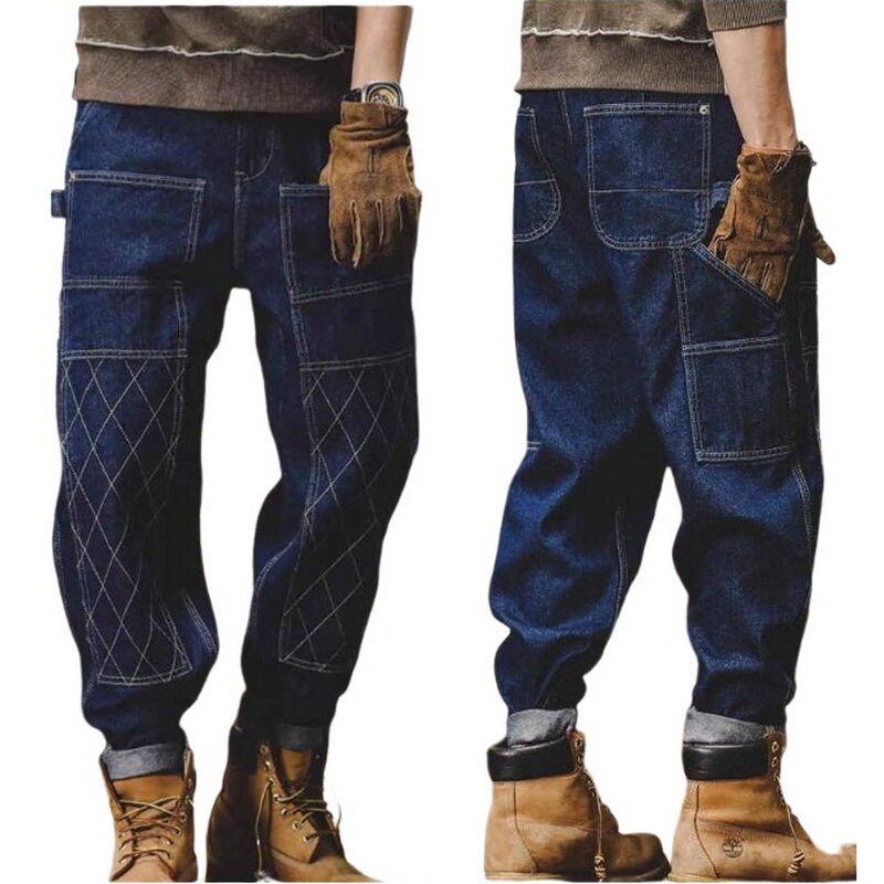 Джинсы мужские в ретро-стиле, рабочая одежда, свободные штаны с открытыми коленями, с прямыми штанинами, штаны для работы с деревом