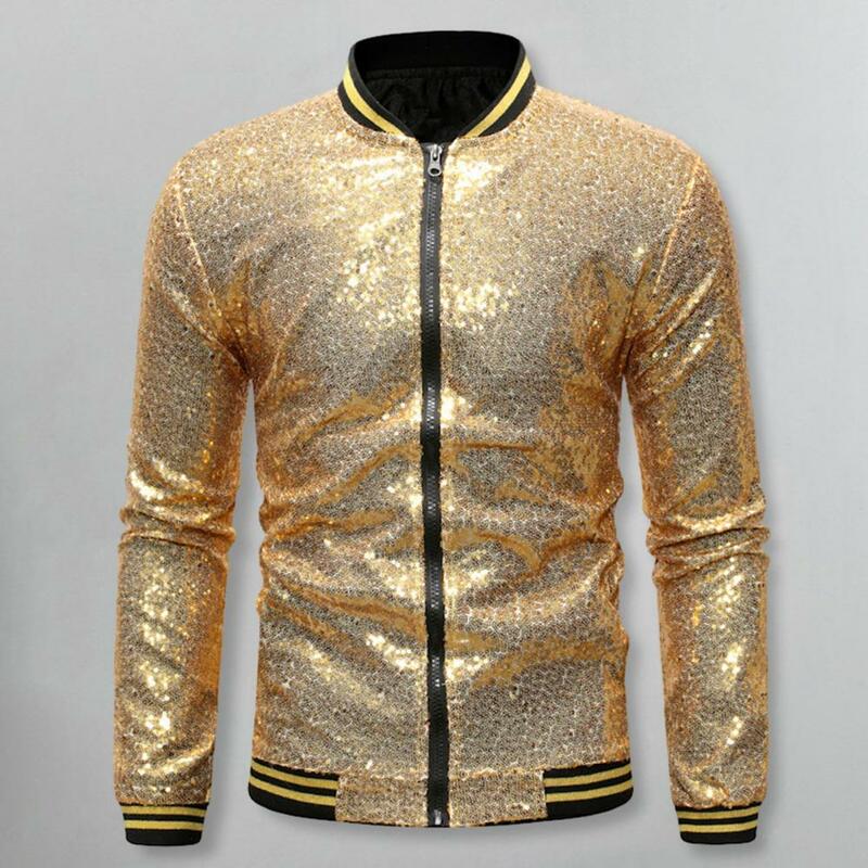 Men Sequin Jacket Sequin Men's Stand Collar Jacket with Shiny Long Sleeves Slim Fit Zipper Closure Mid Length for Stage Shows