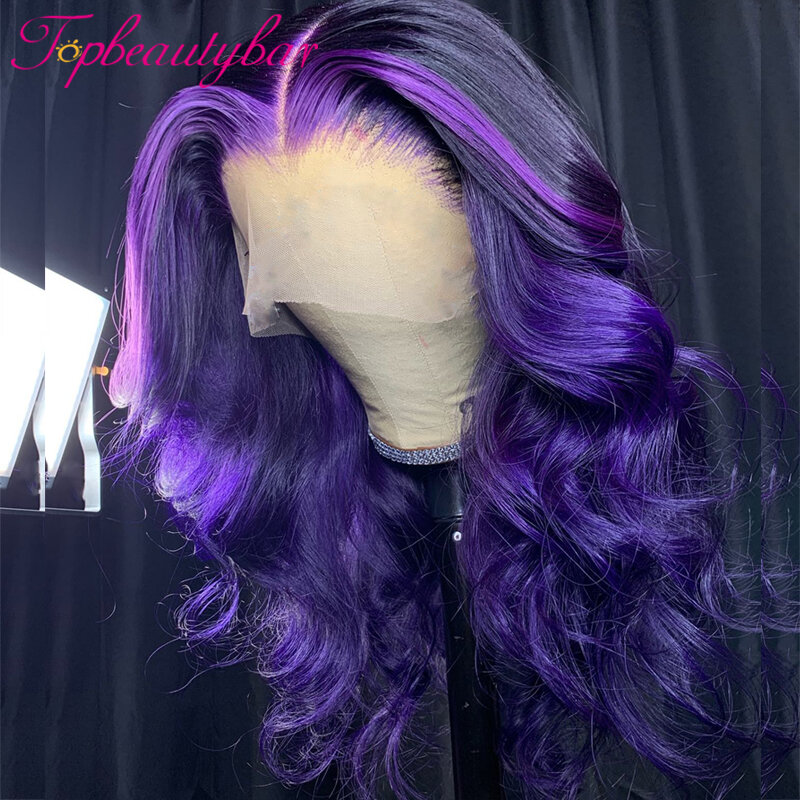 Perruque Lace Front Wig sans colle brésilienne Remy, cheveux naturels ondulés, couleur à reflets violets, 13x4, 180% de densité