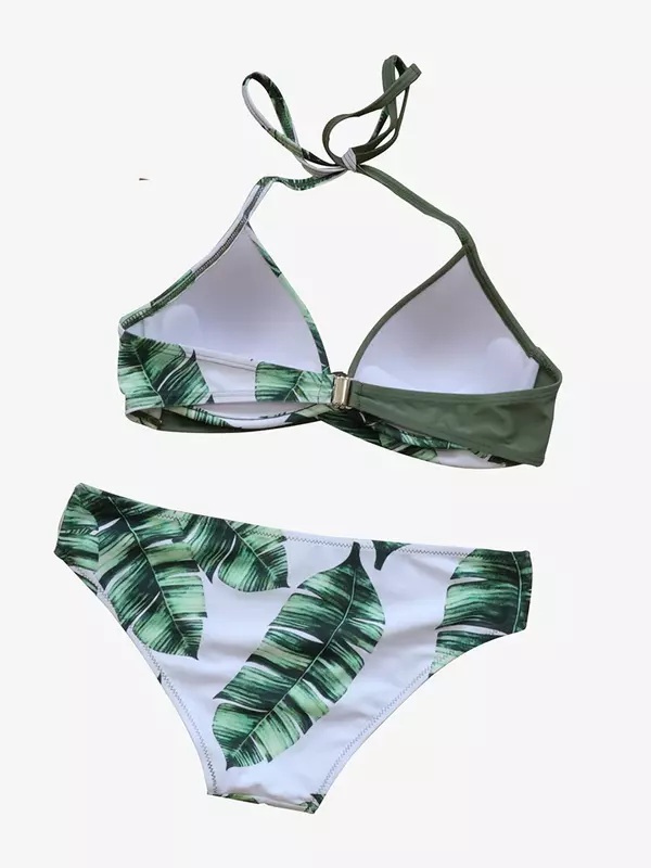 Riseado-Bikini con Push-Up para mujer, traje de baño Sexy con estampado de hojas, conjunto de Bikini con cuello Halter, ropa de playa 2023