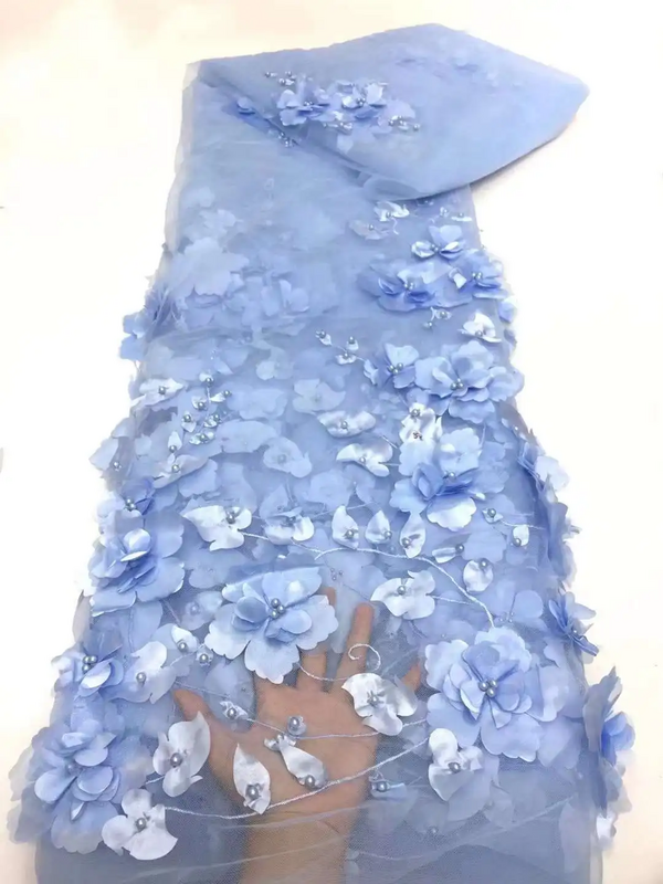 Tecido de renda com miçangas para casamento, tecidos africanos e franceses, flores 3D em azul, rede de alta qualidade, X-0200, 2022