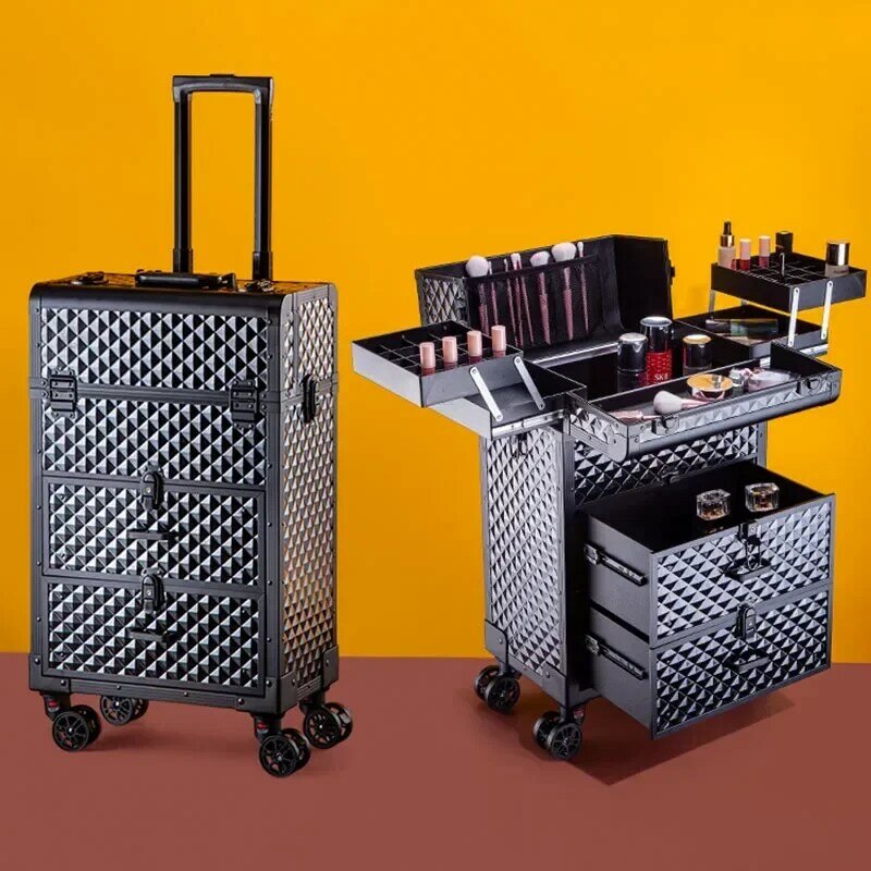 Caja de almacenamiento de maquillaje, caja de herramientas de aluminio de lujo con ruedas rodantes, carro bordado de manicura Vintage