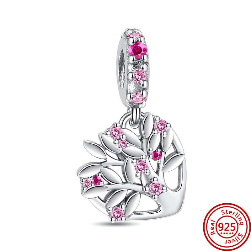 Amuleto de Plata de Ley 925 para mujer, abalorio de maleta rosa, colgante de corazón de flores, compatible con pulsera Pandora Original, regalo de joyería