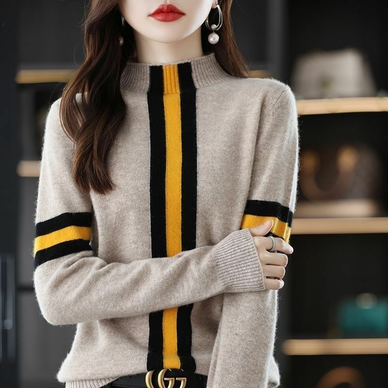 Женская одежда, пуловеры с длинным рукавом и цветными блокировками, свитеры, вязаный джемпер в стиле корейского ретро с полувысоким воротником, пэчворк, Осень-зима